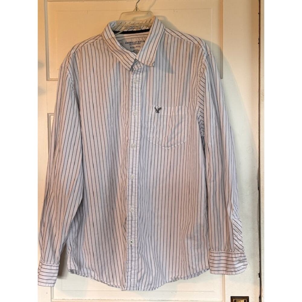 American Eagle Men Size XXL 100% Cotton Long-Sleeve Button Up Shirt White & Blue